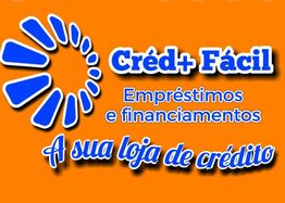 Logotipo "Créd+ Fácil": Empréstimos e financiamentos. Texto: "A sua loja de crédito". Fundo laranja.