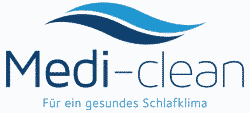 Blaues Logo mit Text: "Medi-clean, Für ein gesundes Schlafklima", darüber wellenartiges Symbol.