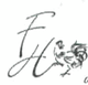 Kalligraphie-Buchstaben „F“ und „H“ mit einem gezeichneten Hahn daneben auf weißem Hintergrund.