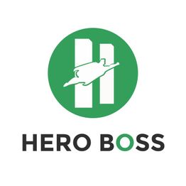 Grünes Logo mit Superhelden-Silhouette und "HERO BOSS" Schriftzug darunter.