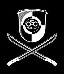 Schwarz-weißes Logo mit Schwertemblem und Schriftzug "OSC Vellmar".