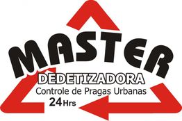 Logotipo da Master Dedetizadora com seta vermelha e texto "Controle de Pragas Urbanas 24 horas".