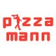 Logo von "Pizza Mann" in roten Buchstaben mit einem Pizzaboten-Symbol.