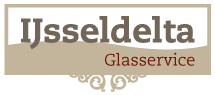 Logo van IJsseldelta Glasservice met sierlijke rand en zandkleurige achtergrond.