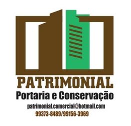 Logotipo de empresa Patrimonial com desenho de edifícios e contatos de e-mail e telefone.