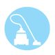 White vacuum cleaner icon on a blue circle background.