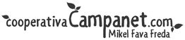 Texto: "cooperativa Campanet.com Mikel Fava Freda" con hojas decorativas.