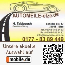 Visitenkarte mit Autoskizze, Kontaktdaten und QR-Code, Hinweis auf mobile.de-Angebot.