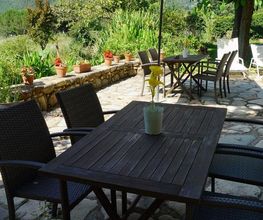 Mesa al aire libre con sombrilla, rodeada de sillas. Jardín verde y montañas al fondo.