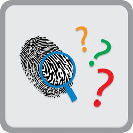 Impronta digitale con lente d'ingrandimento e tre punti interrogativi colorati sullo sfondo.