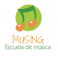 Logo de "MUSING Escuela de música", con notas musicales en fondo verde y naranja.