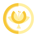 Gelbes Blumen-Logo in einem Kreis, stilisiertes Design mit abstrakten Blütenblättern.