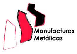 Logotipo de "Manufacturas Metálicas" con formas geométricas en rojo, negro y blanco.