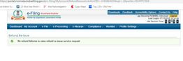 Income Tax e-filing page showing "No refund failures to raise refund re-issue service request".