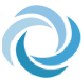 Abstract logo met blauwe cirkelvormige strepen die samen een draaiende vorm creëren.