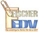 Logo mit Text "Fischer EDV" und Slogan "Die wichtigste Notiz für Ihre EDV", Büroklammer links oben.