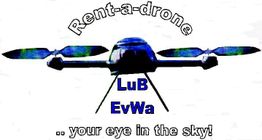Illustration einer blauen Drohne mit Schriftzug: "Rent-a-drone" und "your eye in the sky".
