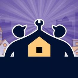 Two stylized figures with a house and wrench icon, set against a radiant purple background.