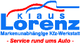 Logo von Klaus Lorenz: Text "Markenunabhängige Kfz-Werkstatt, Service rund ums Auto", stilisiertes Auto.