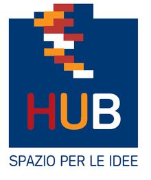 Logo con scritta "HUB" e sottotitolo "Spazio per le idee" su sfondo blu.