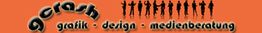 Orange Logo mit Text: "gcrash grafik · design · medienberatung" und Silhouetten von Personen.