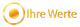 Logo mit goldener Kugel und Text "Ihre Werte" in goldener Schrift.
