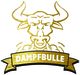 Goldener Stier mit dampfenden Nüstern, darunter das Wort "DAMPFBULLE" auf einem Banner.