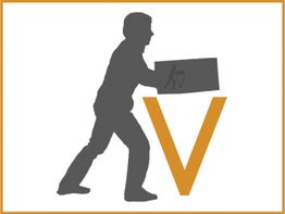Silhouette einer Person, die eine Box hebt, mit einem großen orangefarbenen "V" im Hintergrund.