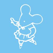 Umriss von tanzender Figur mit großen Ohren und Röckchen auf blauem Hintergrund.