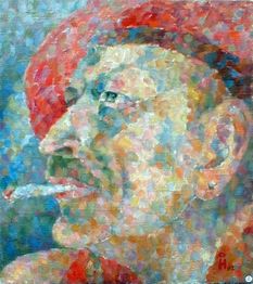 Gemälde eines Mannes im Profil, mit roter Mütze und Zigarette, in bunter Pointillismus-Technik.
