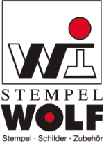 Logo mit Stempelmotiv und Text: "Stempel Wolf, Stempel, Schilder, Zubehör", schwarze und rote Farben.