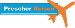 Logo von "Prescher Reisen" mit blauem Hintergrund und orangefarbenem Flugzeugsymbol.