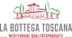 Zeichnung eines italienischen Gebäudes mit Bäumen. Text: La Bottega Toscana, Mediterrane Qualitätsprodukte.