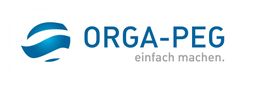 Logo mit blauem Symbol und Text "ORGA-PEG, einfach machen." in Blau und Grau.
