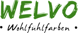 Text: "WELVO Wohlfühlfarben" in grüner und schwarzer Schrift auf weißem Hintergrund.