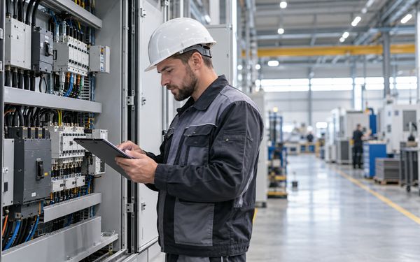 Ein Elektriker überprüft in einer Gewerbehalle einen geöffneten Schaltschrank und dokumentiert die elektrische Installation zur Berechnung der benötigten Anschlussleistung.