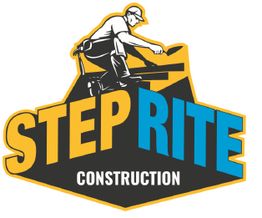 Logo with worker silhouette reads "Step Rite Construction" in yellow and blue text.