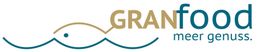 Logo von GRANfood mit stilisiertem Fisch und Slogan "meer genuss." in Blau und Gold.