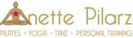 Logo mit sitzender Figur, rosa Stern. Text: Pilates, Yoga, Tanz, Personal Training.