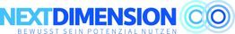 Logo mit Text "NEXT DIMENSION", Slogan "BEWUSST SEIN POTENZIAL NUTZEN" und Kreissymbolen.