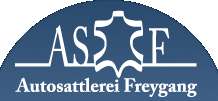 Logo der Autosattlerei Freygang mit Lederform und Abkürzung ASF auf blauem Hintergrund.