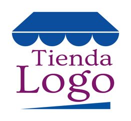 Logo con texto "Tienda Logo" y toldo azul en diseño simple.