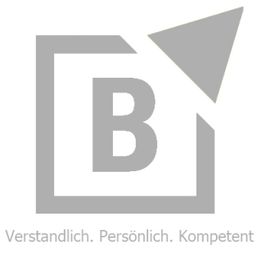 Graues Logo mit Buchstabe B, Pfeil und Text: "Verständlich. Persönlich. Kompetent."