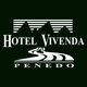Logotipo do Hotel Vivenda Penedo em fundo escuro, com montanhas e estrada estilizadas.