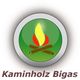 Logo mit Lagerfeuer-Symbol und Text "Kaminholz Bigas" darunter. Grünen und grauen Kreis.