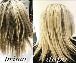 Capelli biondi da ricci e crespi (prima) a lisci e ordinati (dopo).