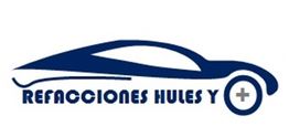 Logo de coche azul con texto "Refacciones Hules Y", rueda con símbolo de más.