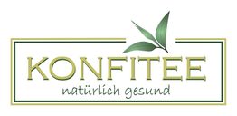 Logo mit Schriftzug "KONFITEE" und Slogan "natürlich gesund", verziert mit grünen Blättern.