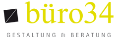 Logo: büro34 in Gelb mit schwarzem Quadrat. Text: "GESTALTUNG & BERATUNG" darunter.