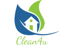 Logo mit Blatt, Haus und Schriftzug "Clean4u" in Blau und Grün.